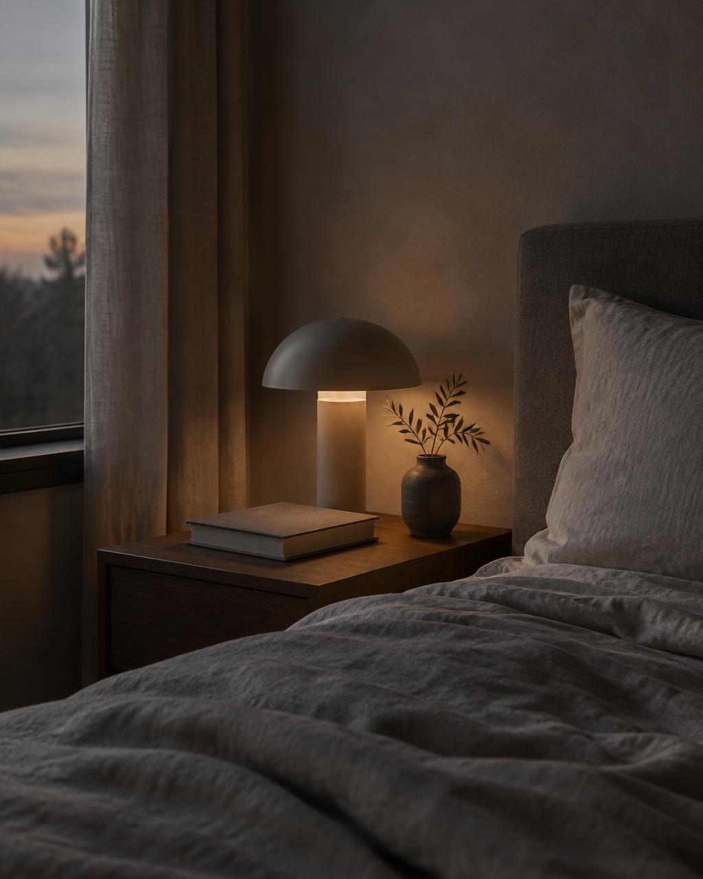A bedside table with a book and a softly glowing lamp at dusk