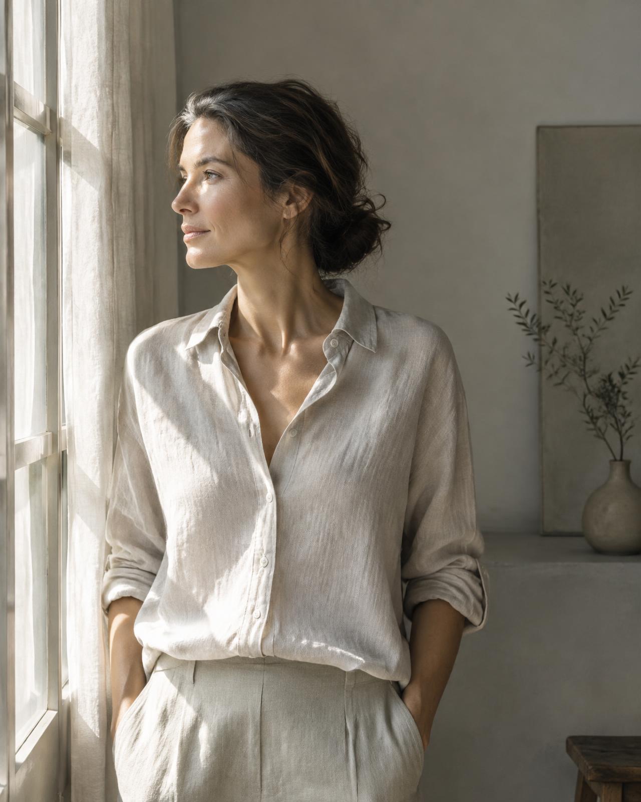 A woman standing by a sunlit window in the morning