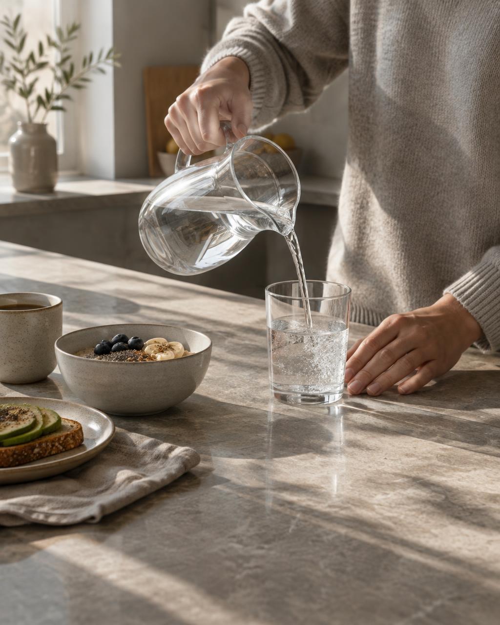 Pouring water into a glass beside a simple breakfast in morning light