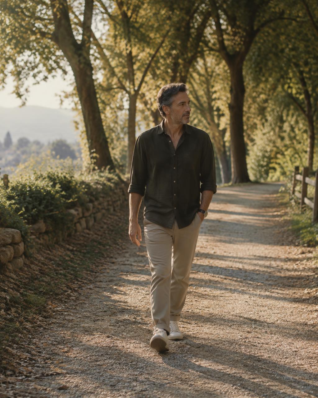 A man walking along a tree-lined path in late afternoon sun