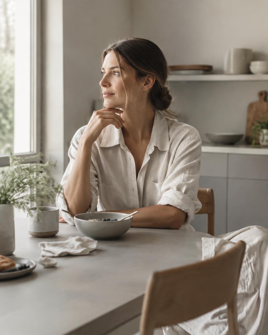 A calm breakfast at the kitchen table in soft side light