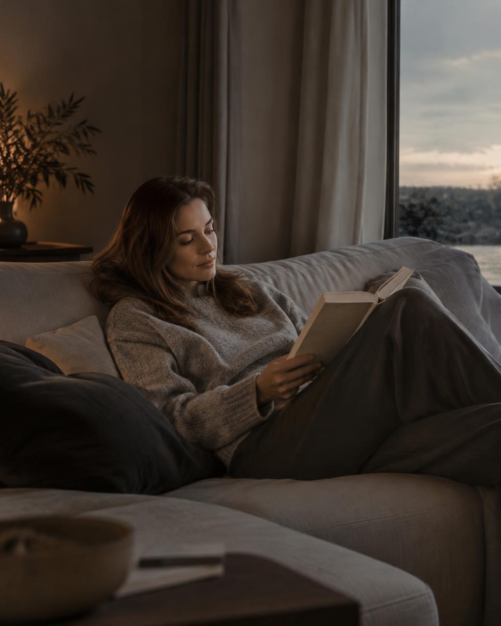 Reading on the sofa as evening light fades