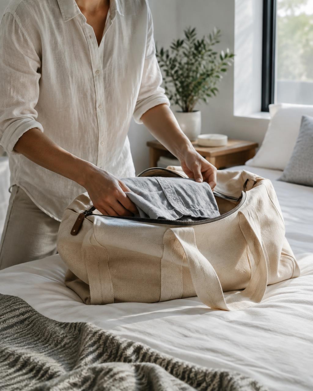 Packing a linen shirt into a weekend bag