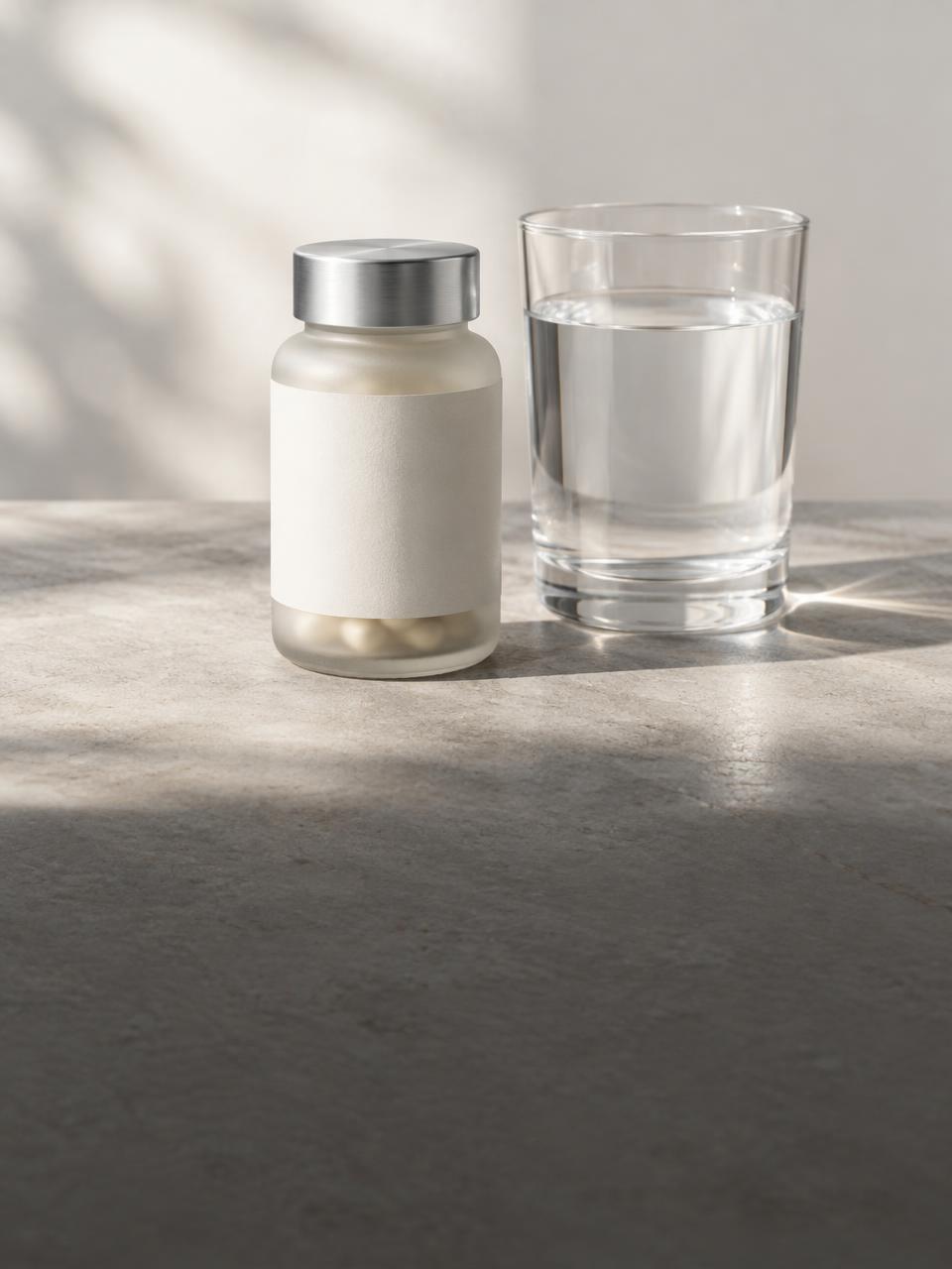 Unbranded supplement bottle beside a glass of water in morning light